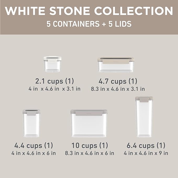 Bentgo Pantry - 10-Piece Airtight Food Storage Containers, Clear, Stackable Kitchen & Pantry Organization, Locking Lids for Freshness, BPA-Free Plastic - Ideal for Sugar, Flour, & More (White Stone)