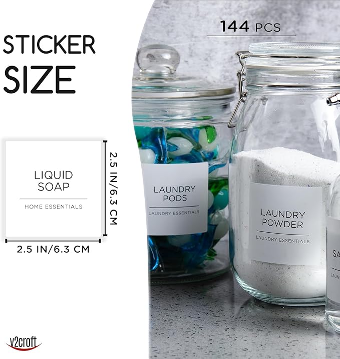 144 PCS Minimalist Laundry Room Labels Set, v2croft Water Resistant Stickers,Water/Oil Resistant Stickers for Laundry Room, Linen Closet Home Bathroom and The Beauty Organization（White