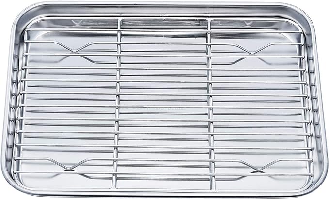 TeamFar Toaster Oven Pan Tray with Cooling Rack, Stainless Steel Toaster Ovenware Pan, Compact 8''x10.5''x1'', Healthy & Non Toxic, Rust Free & Easy Clean - Dishwasher Safe