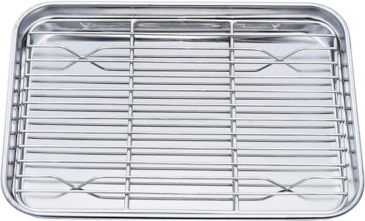 TeamFar Toaster Oven Pan Tray with Cooling Rack, Stainless Steel Toaster Ovenware Pan, Compact 8''x10.5''x1'', Healthy & Non Toxic, Rust Free & Easy Clean - Dishwasher Safe