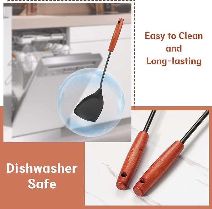 FJNATINH Wok Tools, Wok Utensil,Wok Spatula,Ladle,Skimmer Tool Set,Non Stick Heat-Resistant Silicone Cooking Utensils BPA Free Kitchen Utensils Cookware, Pack of 3,Black