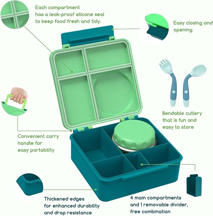 Bento Box for Kids - Leak-Proof Bento Lunch Box with Insulated Thermos Food Jar - 4 Compartments, 1 Removable Divider, 1Spoon, 1 Fork - Dishwasher Safe, BPA-Free (Green)