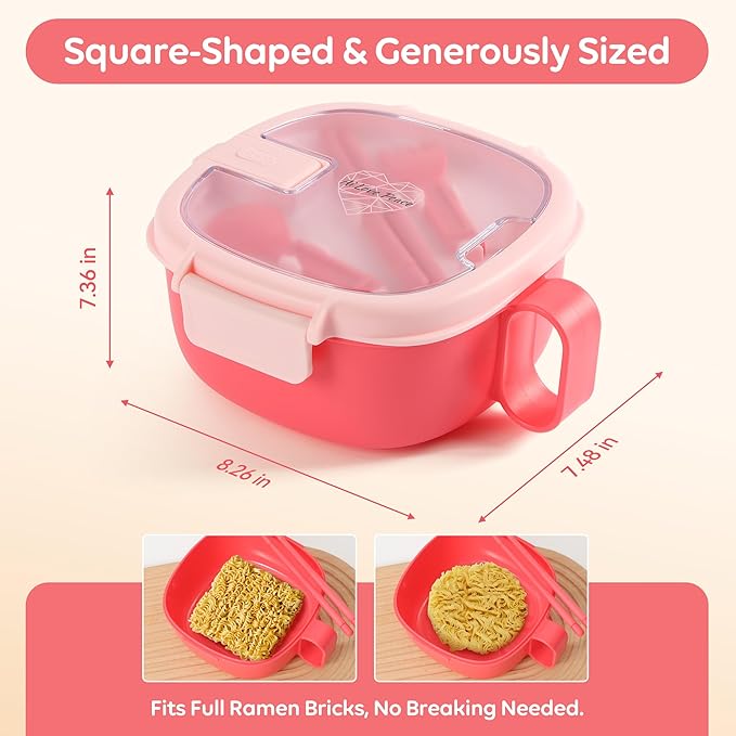 AI LOVE PEACE Microwavable Ramen Bowl with Lid - Leakproof Noodle Container with Built-In Utensils, BPA-Free, Dishwasher & Freezer Safe [Bright Pink]