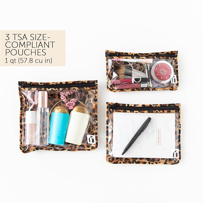 Roamio Travel Bag, Toiletry, TSA Approved Pouch, Zip Quart Size Airline Compliant, Clear-Sided, Baby, Diaper Bag Organization, Makeup, Accessories, Carry On Packing, Set of 3 Sizes, Leopard Print