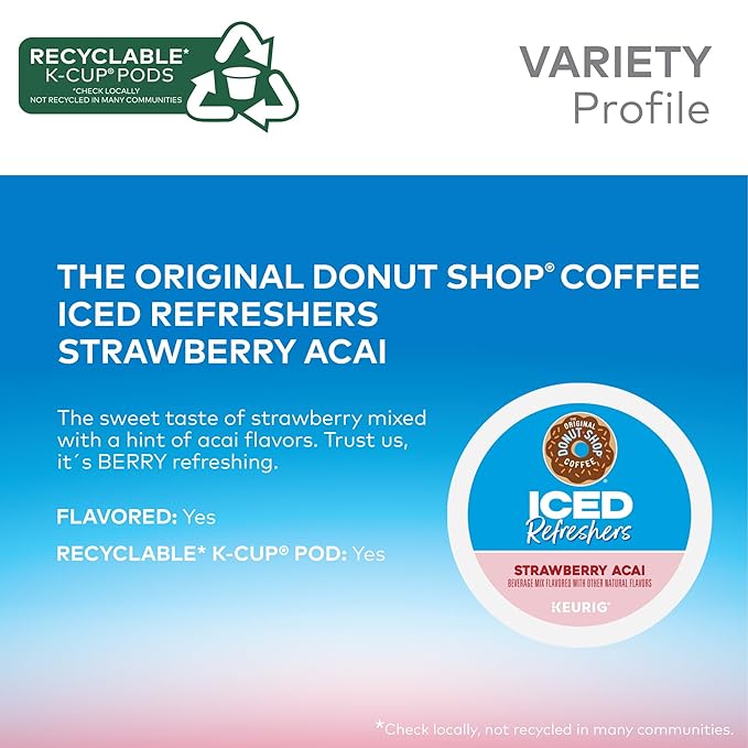 The Original Donut Shop Iced Refreshers, Strawberry Açaí Flavor, Keurig Single Serve K-Cup Pods, 20 Count
