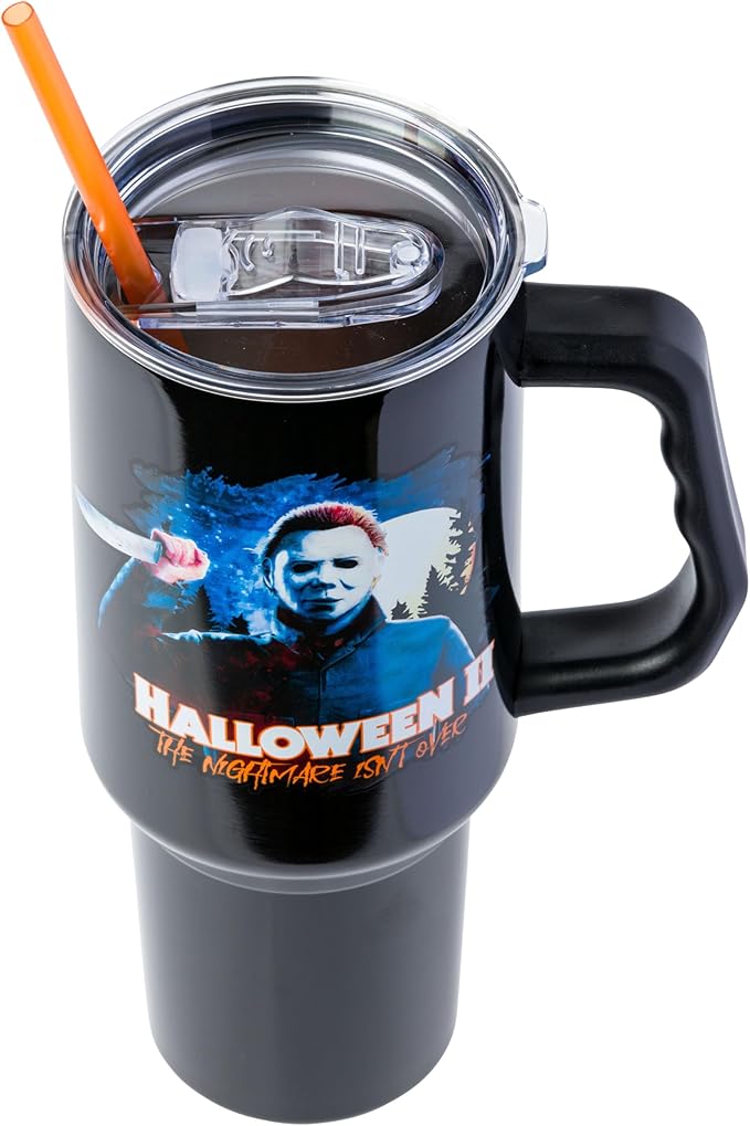 Silver Buffalo Halloween II “The Nightmare Isn’t Over” Stainless Steel Tumbler with Handle Featuring Michael Myers, Fits in Standard Cup Holder, 40 Ounces