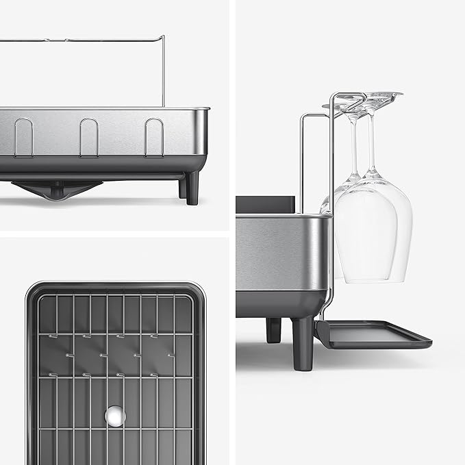 simplehuman Large Capacity Dish Drying Rack with Stainless Steel Frame, 360º Easy Drain Swivel Spout, Utensil & Wine Glass Holder, Anti-Residue Coating, Moisture Control Surface, Grey
