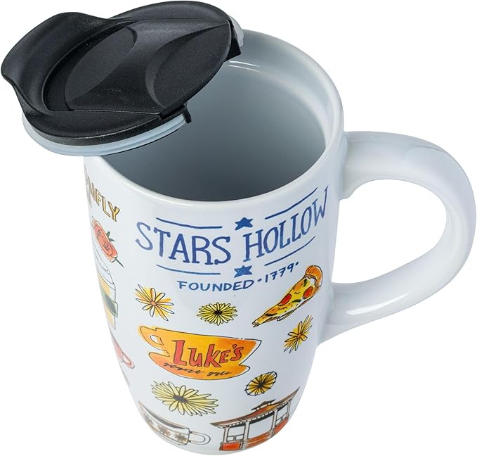 Silver Buffalo Gilmore Girls Iconic Icons Stars Hollow Luke's Diner Ceramic Travel Mug with Slide Close Lid and Handle, 16 Ounces