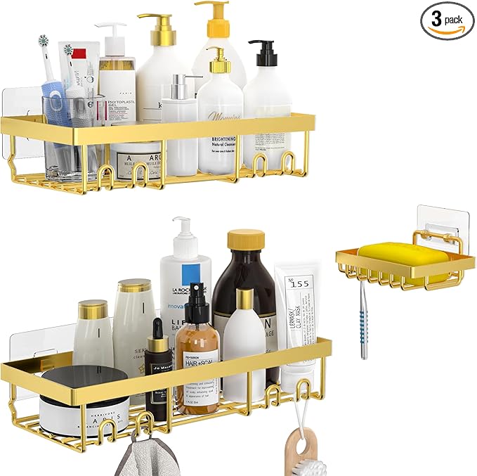 Moforoco 3-Pack Shower Caddy Basket Shelf with Soap Holder, No Drilling Traceless Adhesive Shower Wall Shelves, Rustproof Gold Bathroom Shower Storage Organizer
