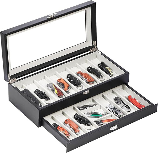 AUTOARK 2-Tier PU Leather & Velvet Knife Organizer with 17 Slots,Transparent Glass Top & Drawer,Compact Storage for Pocket Knives,Perfect for Men's Collections & Gifts,Black,MKAW015