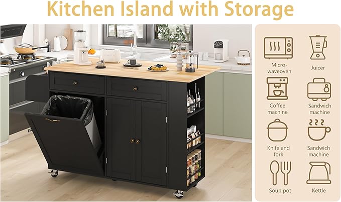 60'' Rolling Kitchen Island with Drop Leaf, Storage Islands Cart with Tilt Out Trash Can Cabinet, Rubber Wood Tabletop, Knife Holder, Wheels, Black