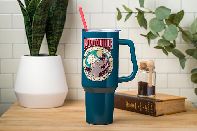 Silver Buffalo Disney Pixar Ratatouille Remy Let's Cook Together Stainless Steel Tumbler with Handle and Straw, Fits in Standard Cup Holder, 40 Ounces