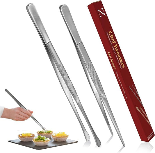 Namre' Tweezer Tongs for Cooking -Plating - 2 Pack Stainless Steel Cooking Tongs - Thin Chopstick Precise & Strong Chef Tweezers for Food & Small Objects - 12 Inch - (Silver)