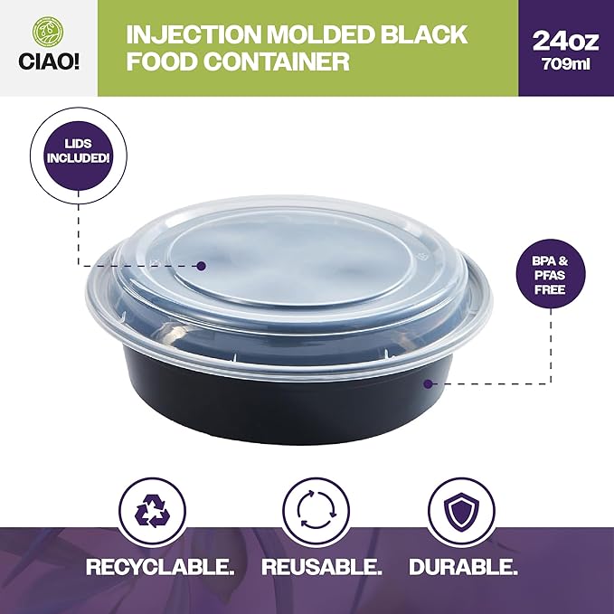 CIAO! 24oz Heavy Weight Injection Molded Microwavable Black Round Food Container with Lid (150/case)