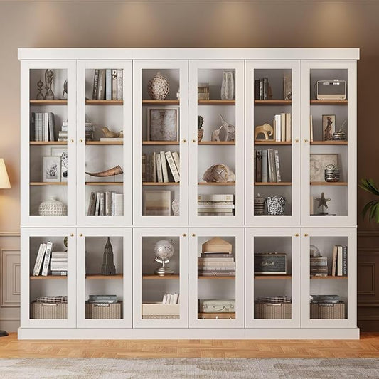 70.8" Bookshelf with Glass Doors, Farmhouse Modular Bookcase with 6-Tier Adjustable Shelves, Large Storage Cabinet for Living Room & Home Office, Set of 3, White