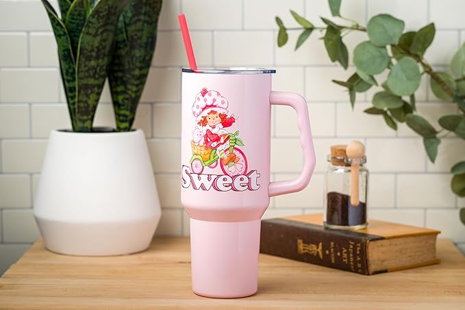 Silver Buffalo Strawberry Shortcake and Custard “Sweet” Stainless Steel Tumbler with Handle, Fits in Standard Cup Holder, 40 Ounces