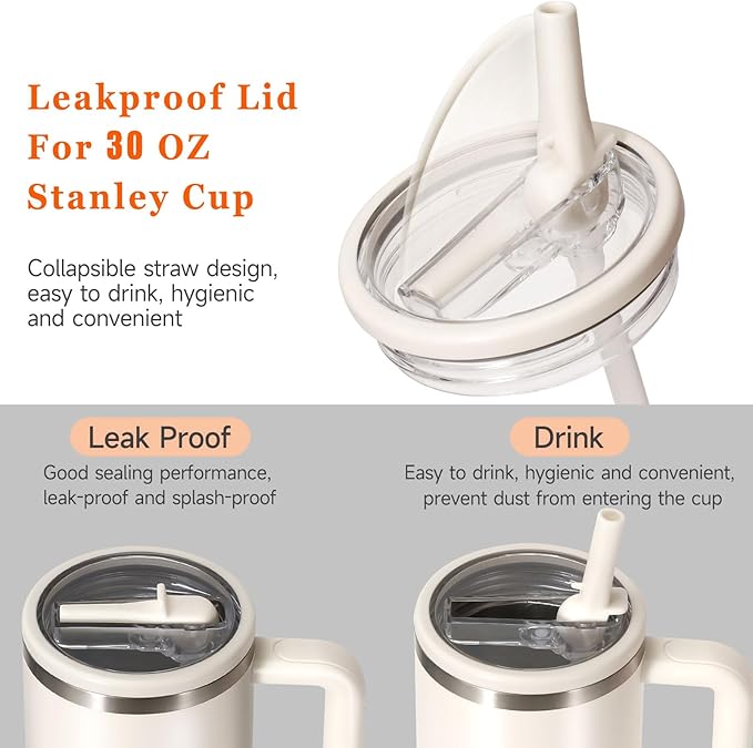 30oz Leak Proof Lid for Stanley Quencher H2.0 Protour Tumbler, 2 Pack Flip Straw Lid Replacement 30 oz Spill Proof Lids Cover Top for Stanley Cup Accessories (White, Light Nectarine)