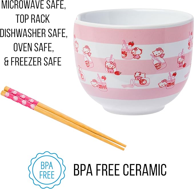 Silver Buffalo Sanrio Hello Kitty Strawberry Milk Pattern Ceramic Ramen Noodle Rice Bowl with Chopsticks, Microwave Safe, 20 Ounces