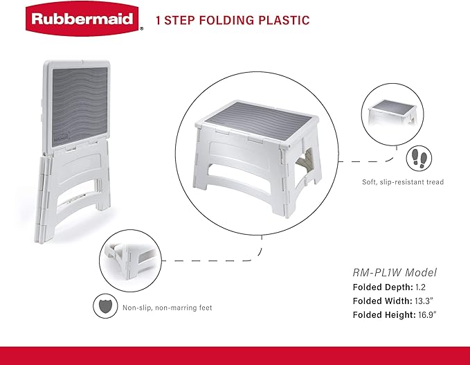 Rubbermaid Mini Folding Step Stool, Short, Foldable, Lightweight with Slip Resistant Treads and Non-Slip Feet, White