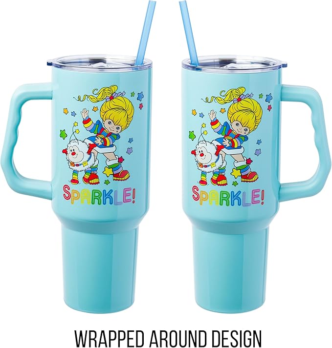 Silver Buffalo Rainbow Brite and Twink Sparkle Stainless Steel Tumbler with Handle and Straw, Fits in Standard Cup Holder, 40 Ounces