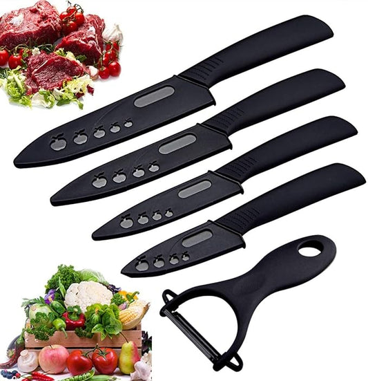 Ceramic Knife Set - Black 5 Piece, 6" Chef, 5" Utility, 4" Fruit, 3" Paring, Peeler