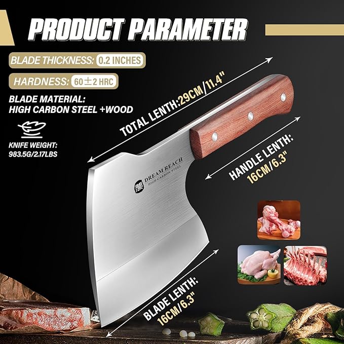 Dream Reach Meat Cleaver Knife Heavy Duty Bone Chopper Stainless Steel Butcher Axe Hand Forged Butcher Knife Meat Bone Cleaver for Kitchen Outdoor BBQ, Christmas Gifts for Men Women