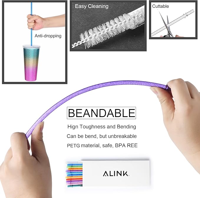 ALINK 12-Pack Glitter Reusable Clear Plastic Straws, 11" Long Hard Tumbler Replacement Drinking Straws for 16 OZ 20 OZ 30 OZ Stanley, YETI, Starbucks Tumblers with Cleaning Brush