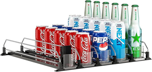 Soda Can Dispenser, Self-Pushing Drink Organizer, Width Adjustable Fridge Organization, Beer Pop Can Water Bottle Dispenser (15.1"D) White (5 Row, Black)