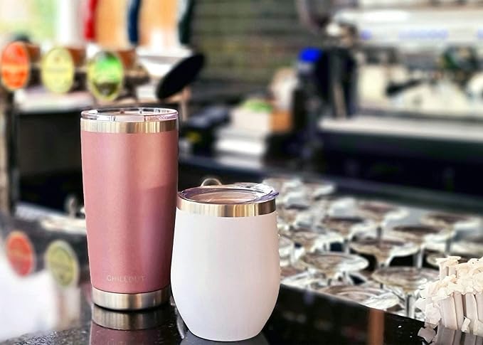 CHILLOUT LIFE 12 oz Stainless Steel Wine Tumblers 2 Pack - Double Wall Vacuum Insulated Wine Glasses Cups with Lids and Straws Set Keeping Cold & Hot for Coffee, Beer, Ice Cream - Powder Coated White