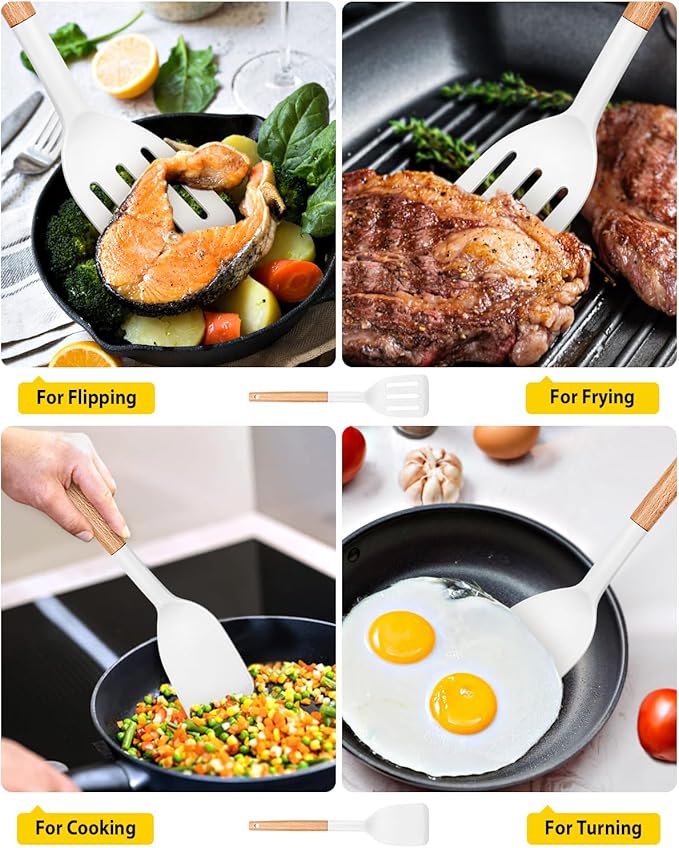 Pack of 2 Silicone Cooking Spatula, Heat Resistant Solid Turner, Non Stick Slotted Spatulas with Wooden Handle,Ideal Wood Kitchen Utensils Set for Frying, Baking, Flipping, Turning (WHITE)