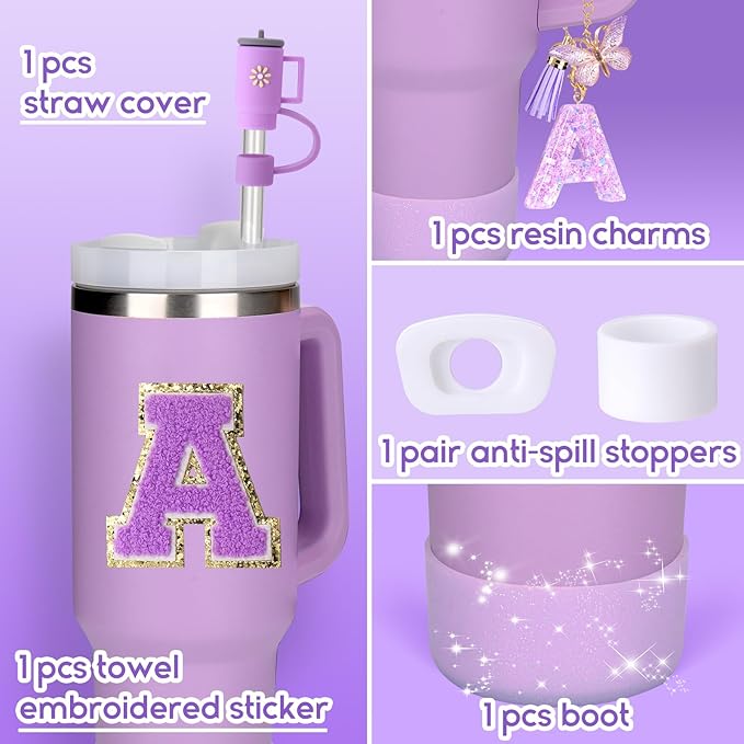 Mity rain 6PCS Cup Accessories Set for Stanley Cup 30oz 40oz tumbler with handle, Including Silicone Straw Topper Cover Cap and Boot, Spill Proof Stopper, Handle Charm, Initials Sticker (Letter A)