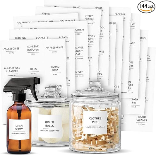 Talented Kitchen 144 Minimalist Laundry Room Labels - 2.5" x 2.5", Black on White Matte Vinyl - Organize Glass Jars & Spray Bottles, Water-Resistant Labels for Laundry Room Organization