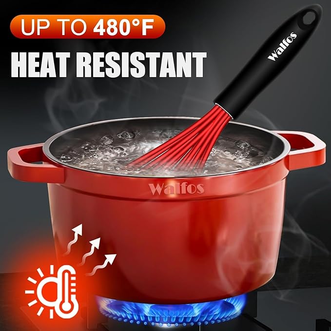 Walfos Silicone Whisks Set, 5pcs Whisk, Non Scratch Coated 7+9+11in Whisks and Mini stainless steel 7+5in Whisk, Suitable for Use in Whisking, Blending, Frothing, Beating & Stirring. (Multicolor)