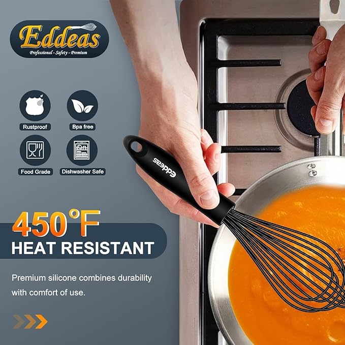 Silicone Whisk, Eddeas Stainless Steel & Silicone Non-Stick Coated Whisks set of 3-Heat Resistant Kitchen Whisks, Balloon Egg Beater Perfect for Blending, Whisking, Beating & Stirring, Black