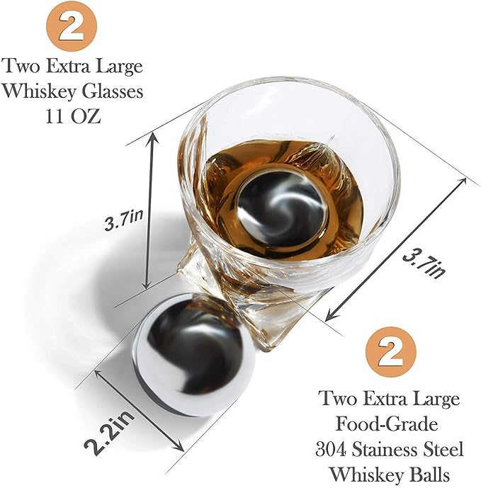 Whiskey Stones Gift Set for Men - 2 King-Sized Chilling Stainless-Steel Whiskey Balls - 2 XL Whiskey Glasses, Slate Stone Coasters, Freezer Pouch & Tongs - Luxury Set in Unique Pine Wood Box