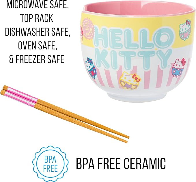 Silver Buffalo Sanrio Hello Kitty Pastel Colored Ceramic Ramen Noodle Rice Bowl with Chopsticks, Microwave Safe, 20 Ounces