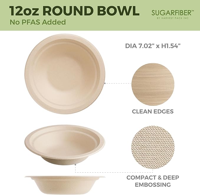 [600 Count] Harvest Pack PFAS Free 12oz Round Compostable Paper Bowls Bulk, Disposable Heavy-Duty Eco-Friendly Bagasse Bowls, Sugarcane Natural Plant fibers for Meal Prep Takeout Dinnerware