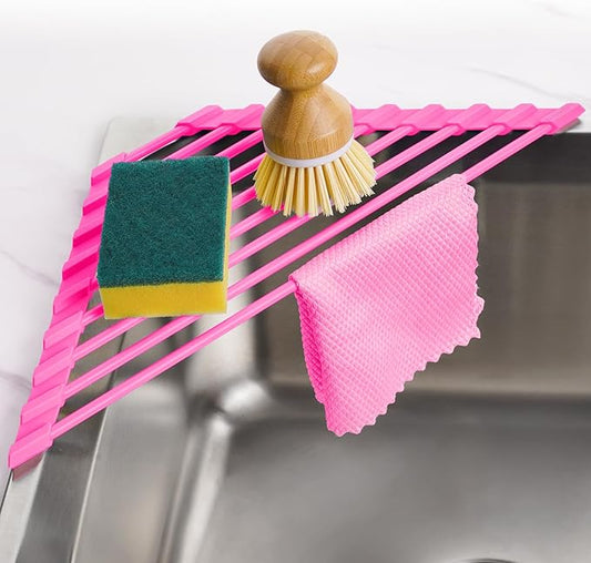 Tomorotec Compact Silicone-Coated Triangle Dish Drying Rack for Sink Corner - Foldable Stainless Steel Over-The-Sink Organizer and Storage Shelf (Hot Pink)