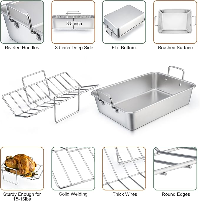 TeamFar Roasting Pan with Rack, 14 Inch Stainless Steel Turkey Roaster Lasagna Pan with V-Shaped Rack & Cooling Rack, Healthy & Sturdy, Brushed Surface & Dishwasher Safe, Rectangular - Set of 3
