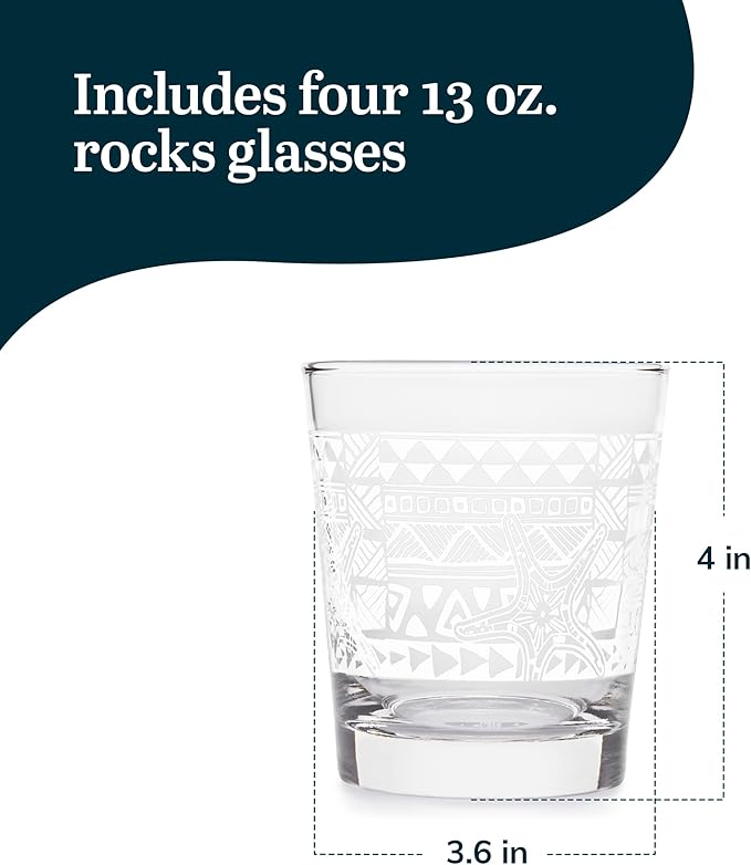 Libbey Tiki Rocks Glasses Set, Vintage-style Glassware Drinking Glasses Set of 4, Exotic, Dishwasher Safe Glasses for Backyard Luau or Pool Party