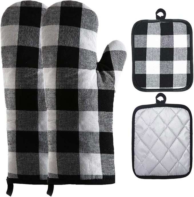 Oven Mitts and Potholders BBQ Gloves-Oven Mitts and Pot Holders with Recycled Infill Silicone Non-Slip Cooking Gloves for Cooking Baking Grilling (4-Piece Set) (Black/White)