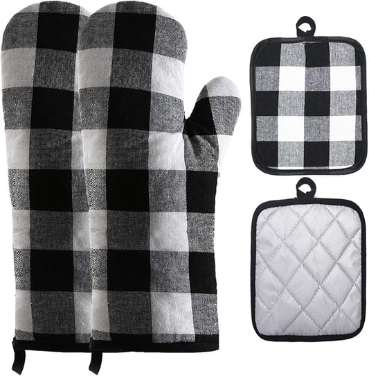 Oven Mitts and Potholders BBQ Gloves-Oven Mitts and Pot Holders with Recycled Infill Silicone Non-Slip Cooking Gloves for Cooking Baking Grilling (4-Piece Set) (Black/White)