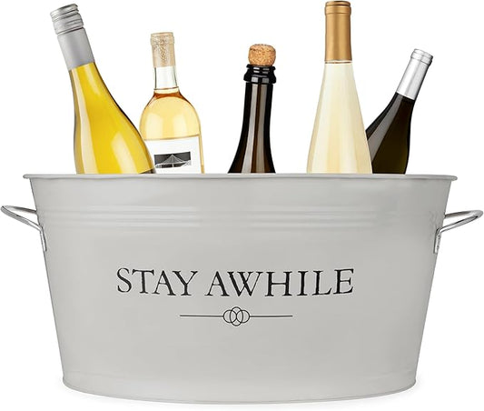 Twine Stay Awhile White Painted Galvanized Ice Bucket & Metal Tub - Beverage Ice Barrel Tub for Parties in 6.3-Gallon Capacity