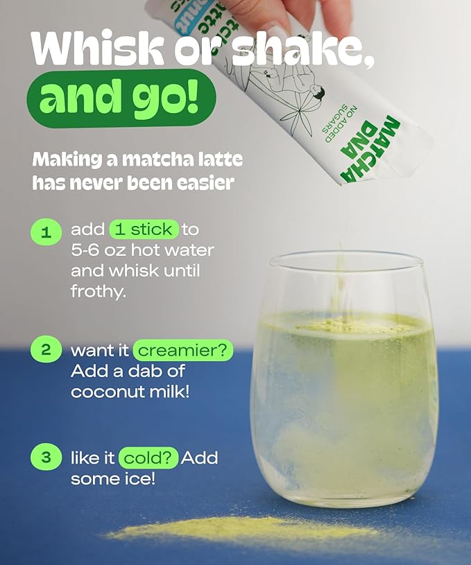 MatchaDNA Coconut Matcha Latte Powder Sticks 7 Pack (20g Each) – Sweetened with Milk, No Sugar Added – Instant Matcha Latte Mix Packets – Organic Macha Tea Powder for Hot or Iced Drinks, Smooth Energy