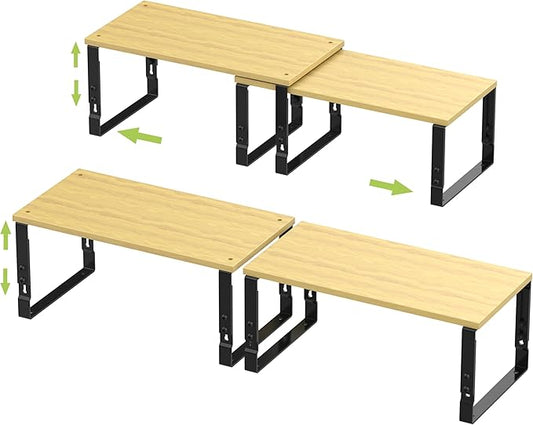 Adjustable Storage Shelves for Kitchen Cabinet Organization - Set of 2 Stackable Metal & Solid Wood Racks, Space-Saving Design for Countertop/Pantry/Garage, Easy Assembly(2 Packs/Large/Black)
