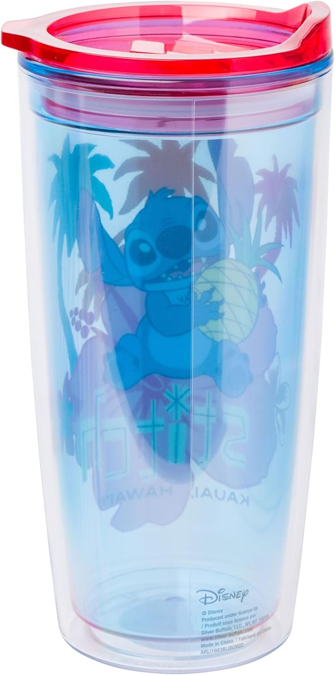 Silver Buffalo Disney Lilo and Stitch Holding Pineapple Tropical Kauai, Hawaii Double Wall Travel Tumbler with Slide Close Lid, 20 Ounces