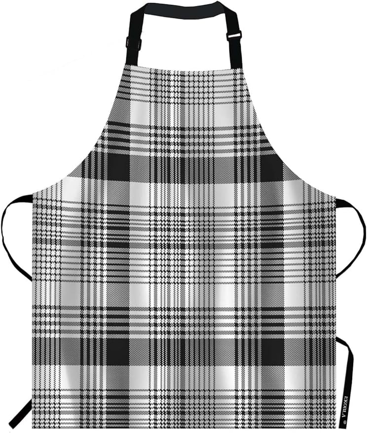 EKOBLA Tartan Pattern Aprons Gingham Plaid Square Monochrome Grid Stripe Black White Waterproof Resistant Chef Cooking Kitchen BBQ Adjustable Aprons for Women Men 27x31 Inch