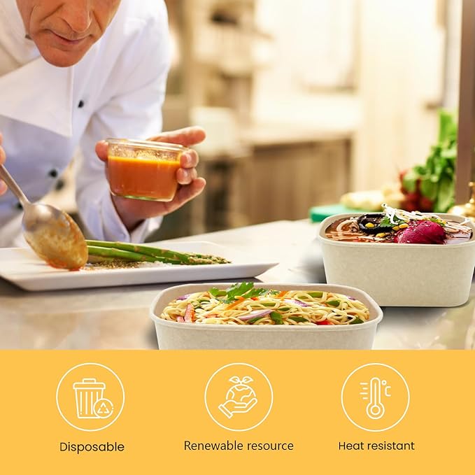 50 Pack 25 OZ Large Paper Bowls with Lids, Heavy Duty Disposable Compostable Container for Party, Disposable Bowls Bulk Soak-Proof and Microwave Safe for Hot/Cold Use