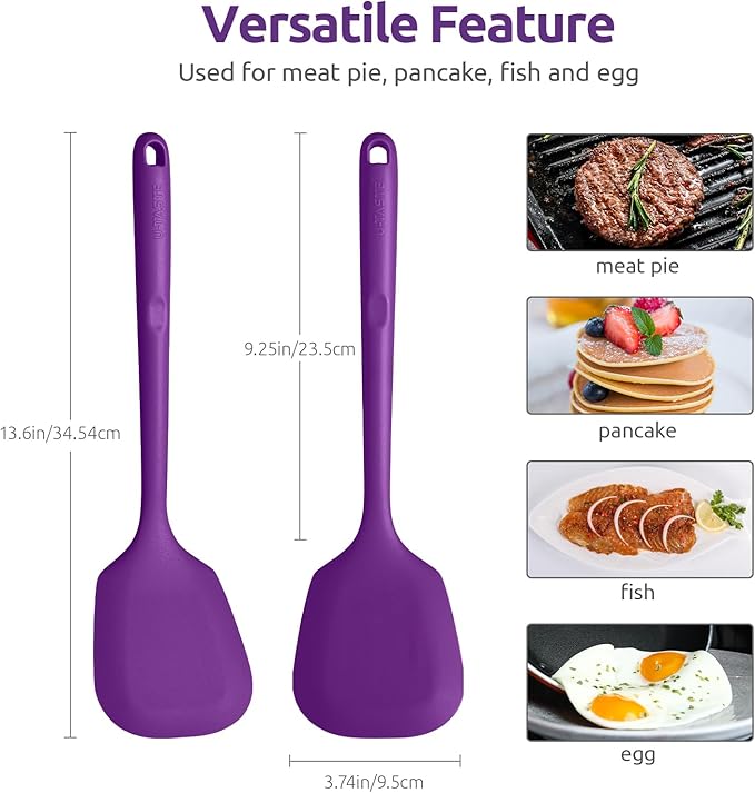 600ºF Heat Resistant Silicone Turner: U-Taste 13.6in Solid Kitchen Spatula Flipper, Food Grade Flexible & Thin Rubber Seamless Cooking Utensil for Flipping Egg, Pancake in Nonstick Cookware (Purple)
