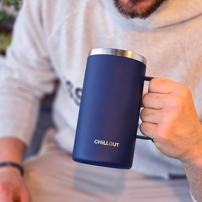 CHILLOUT LIFE Stainless Steel Vacuum Insulated Coffee Mug 16 oz (Set of 2) with Handle and Lid, Large Thermal Camping Coffee Mugs with Sliding Lid for Men & Women, Keeps Your Beverages Hot & Cold